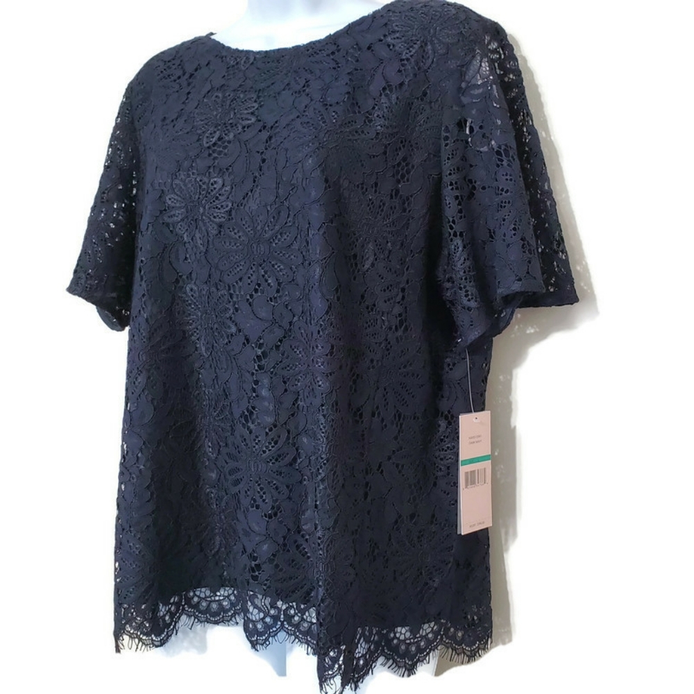 Nanette Lepore navy lace top blouse short sleeves